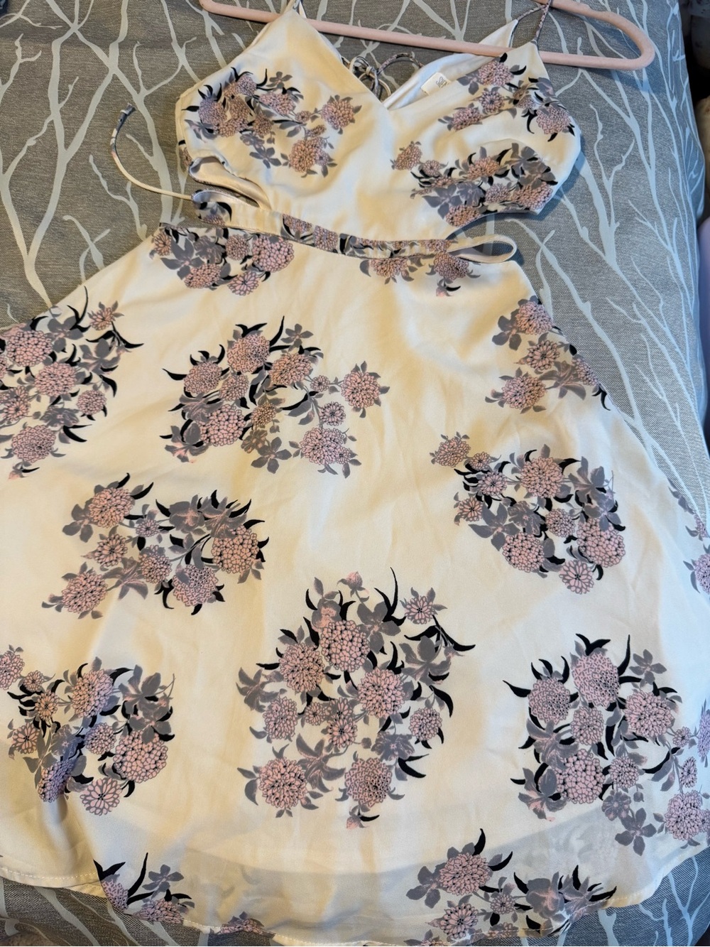 Sienna Sky Cream Floral Mini Dress with Pink and Gray Accents